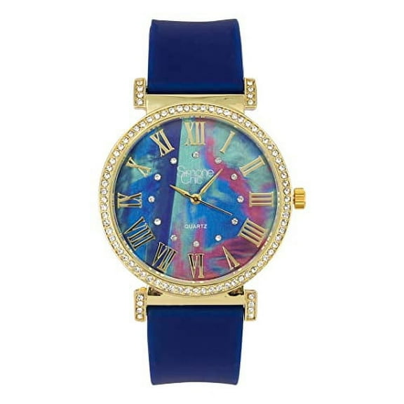 Stand Out Get Noticed! Big Face Ladies Bejeweled Rubber Iced Out Colorful Watch with Genuine Rhinestone Diamond Accents - Touch of Female Celebrity Glamour - ST10800 Navy Blue