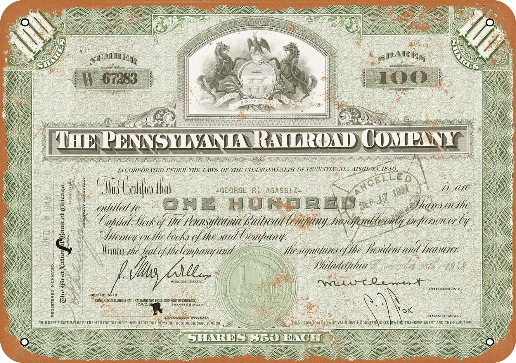 7 x 10 METAL SIGN - Certificate Art - 1948 Pennsylvania Railroad Stock ...