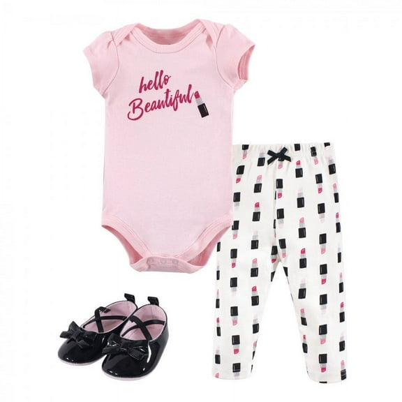 Little Treasure Baby Girl Cotton Bodysuit, Pant and Shoe 3pc Set, Lipstick, 0-3 Months