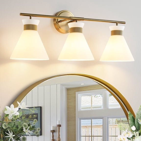 KAISITE 3-Head Vanity Lights for Bathroom Gold Wall Sconce Lighting with Frosted Milky Glass for over Mirror Bedroom Hallway, A19 Bulbs Not Included
