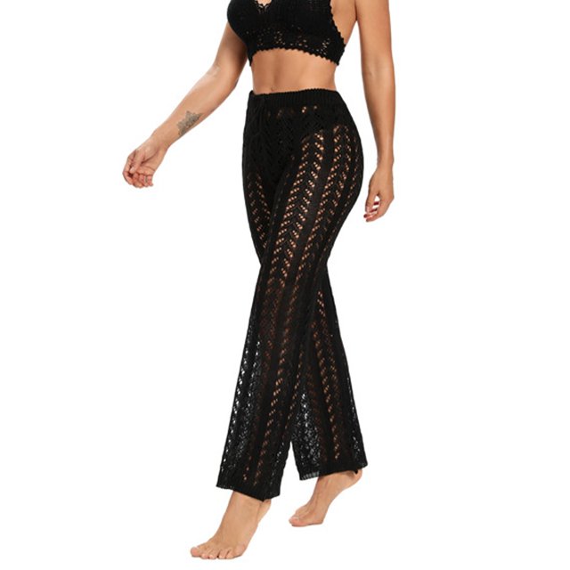 Pantalones de playa huecos de ganchillo para mujer Color puro Casual elegante cordón en la cintura traje de baño cubrir pantalones negro S