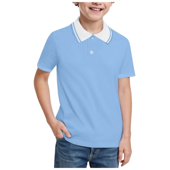 ASEIDFNSA Boys School Uniform Polo Shirt with Contrast Collar and Short Sleeves (Light Blue,5-6 Years)