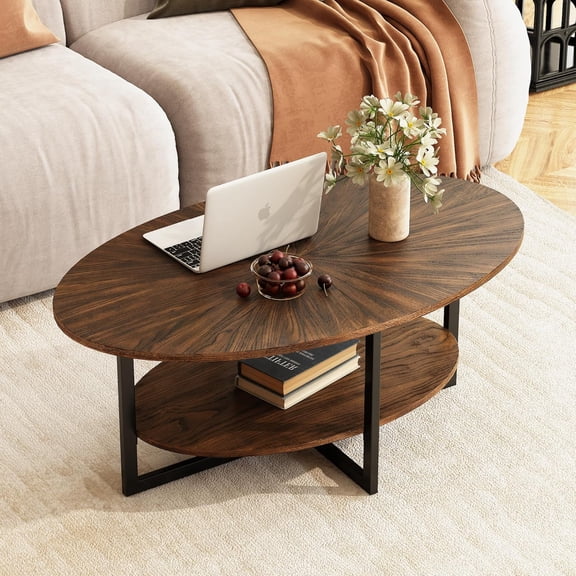 Solid Wood Oval Coffee Table with Cross Metal Legs, 43.3in Modern Industrail Center Table with Open Shelf Cocktail Tea Table for Living Room Bedroom, Rustic Brown 1811NC