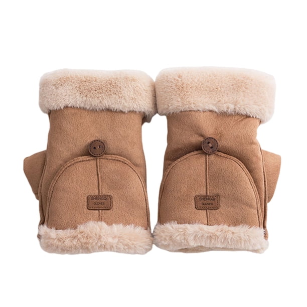 Sonducket Guantes de imitación para mujer, manoplas acogedoras para invierno, cálidos, sin dedos, , mitones peludos para el frío guantes y mitones Caqui