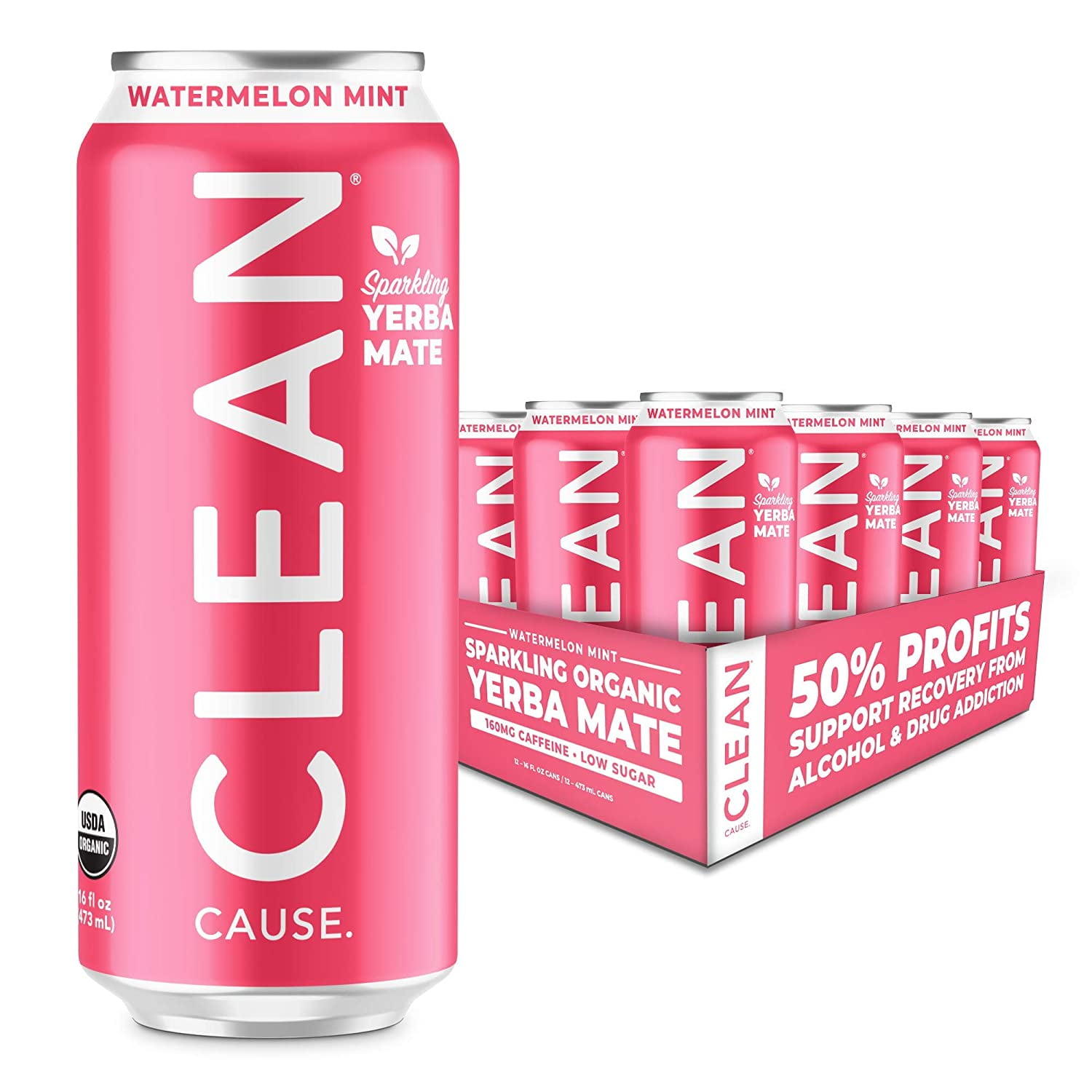 Photo 1 of (12 Cans) CLEAN Cause Watermelon Mint Organic Sparkling Yerba Mate Tea - Organic, Low Calorie Low Sugar (160mg Caffeine), 16 Fl Oz - 50 PROFITS SUPPORT RECOVERY FROM ALCOHOL DRUG ADDICTION bb 1/29/25