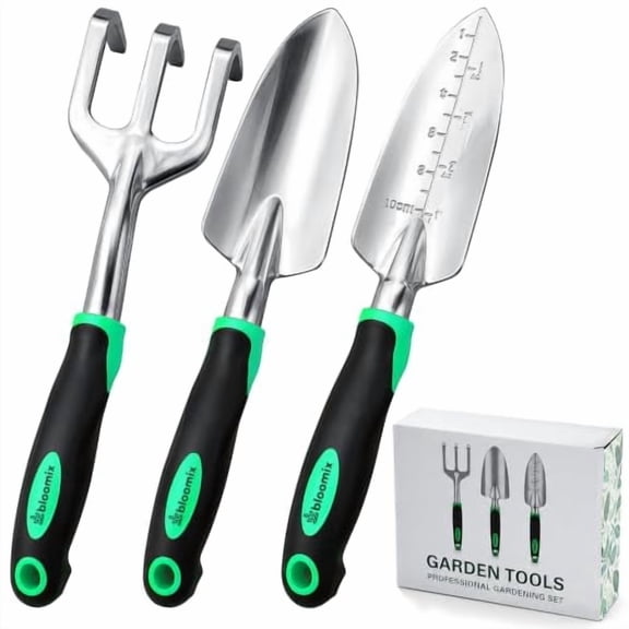 Bloomix Set of 3 Stainless Steel Gardening Tool Set – Hand Cultivator, Transplanter & Trowel with Soft-Grip Ergonomic Handles – Durable Garden Kit for Digging, Planting and Soil Care