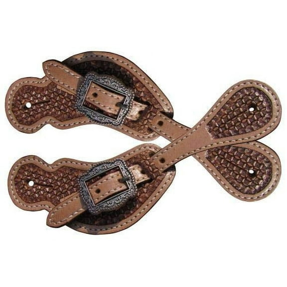 Showman Youth Size Basket Weave Tooled Medium Leather Spur Straps