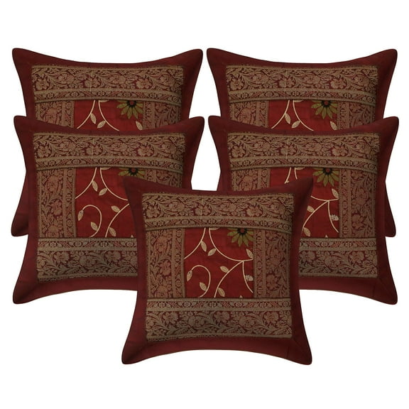 Stylo Culture Indian Settee Sofa Throw Pillow Covers Embroidered 16 x 16 Brocade Patchwork Maroon Traditional 40x40 cm Lounge Decor Polydupion Floral Square Cushion Covers | Set Of 5