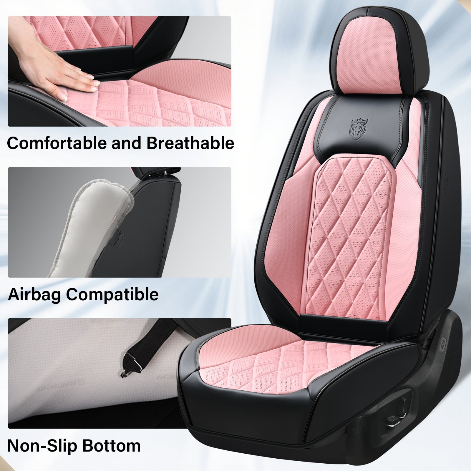 Coverado Front Car Seat Covers, Waterproof Premium Leather Seat Cushions, 6 Pieces Auto Interior Protectors Universal Fit Most Cars, Suvs, Pickup Trucks, Black&Pink