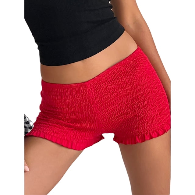 SUNSIOM Women's Shirred Shorts Casual Elastic Waist Solid Color Ruffled Short Pants for Summer
