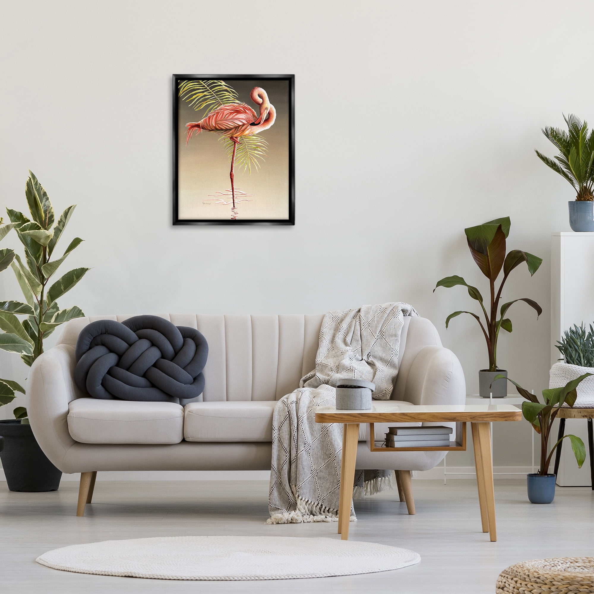 Stupell Industries Flamingo Twisting Gaze Animals & Insects Painting Black Floater Framed Canvas Art Print Wall Art, 25 x 31