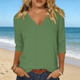 thumbnail image 7 of Women's 3/4 Sleeve Tops V Neck Loose Fit T Shirts Solid Color Casual Spring Summer Base Comfy Tees (XL, Green), 7 of 7