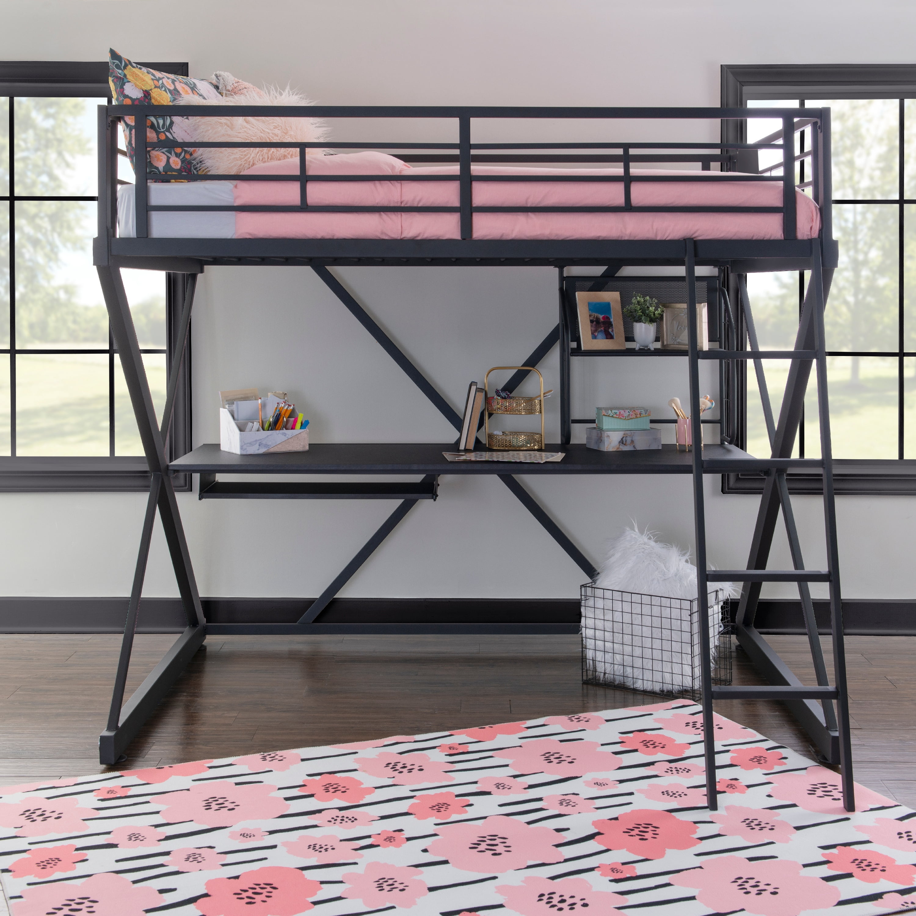 Powell Pierce Sleep, Study, and Store Full Loft Bed with Built-In Ladder, Textured Black