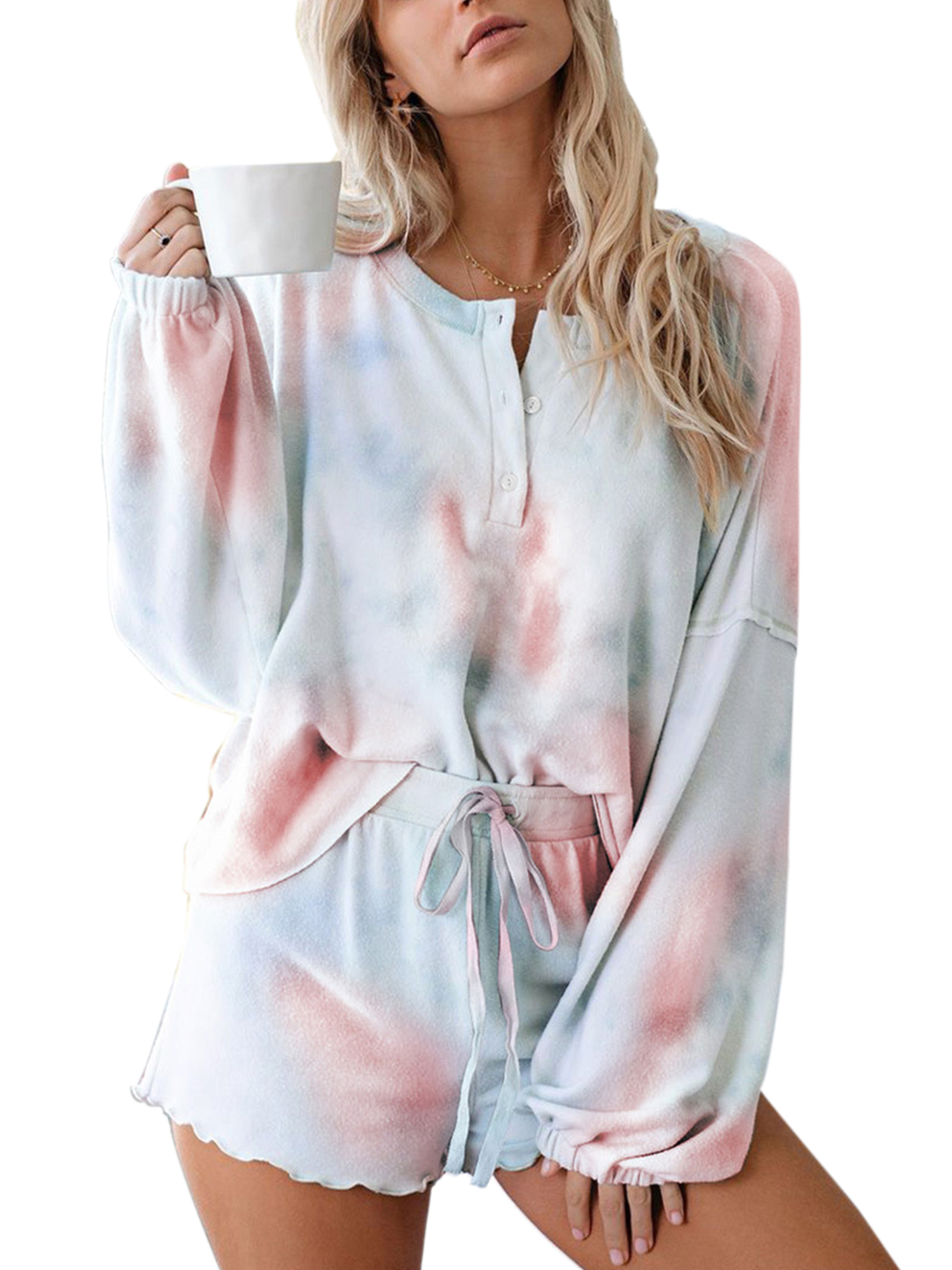 Womens Tie Dye Printed Ruffle Short 