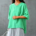 thumbnail image 4 of hotojiny Cotton Linen Tops for Women Oversized Solid 3/4 Sleeve Plus Size V Neck T Shirts Loose Three Quarter Length Dressy Blouses, 4 of 4