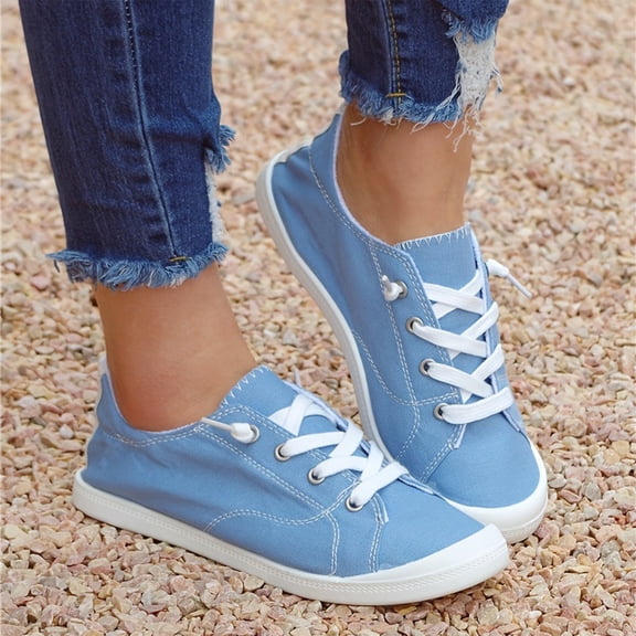 Women Lightweight Flat Walking Sneakers Classic Canvas Upper Lace Up Low Top Non Slip Daily Shoes