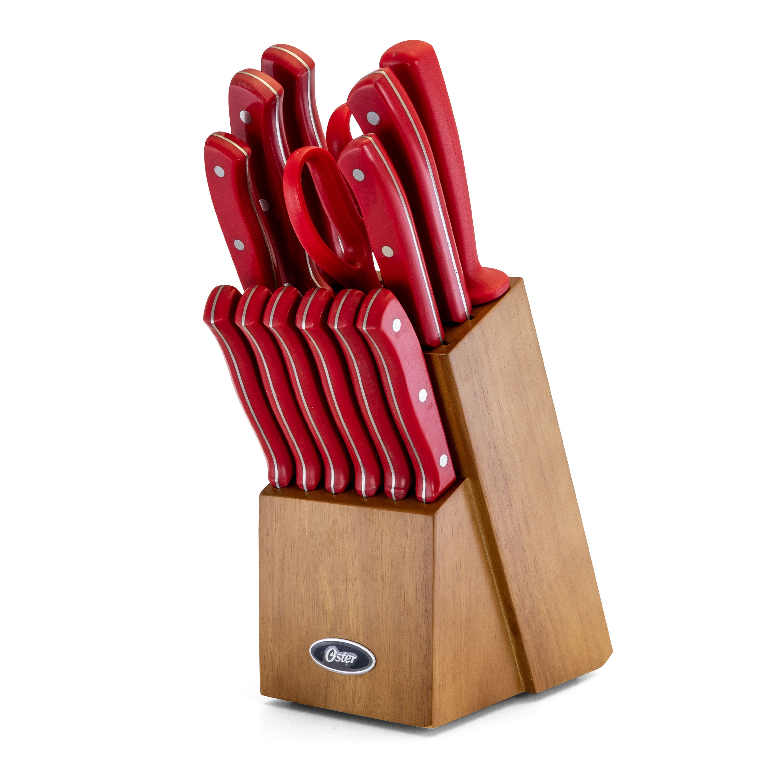 Oster Evansville 14 Piece Stainless Steel Cutlery Set with Red Plastic  Handle and Black Rubber Wood Block