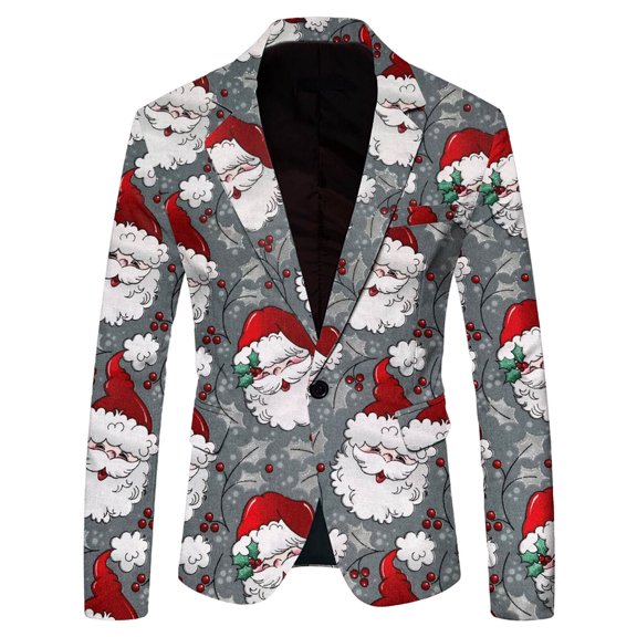 ANINEO Mens Fashion Leisure Christmas Printed Pockets Jacket Suit Long Sleeve Coats Stylish Male Outwear