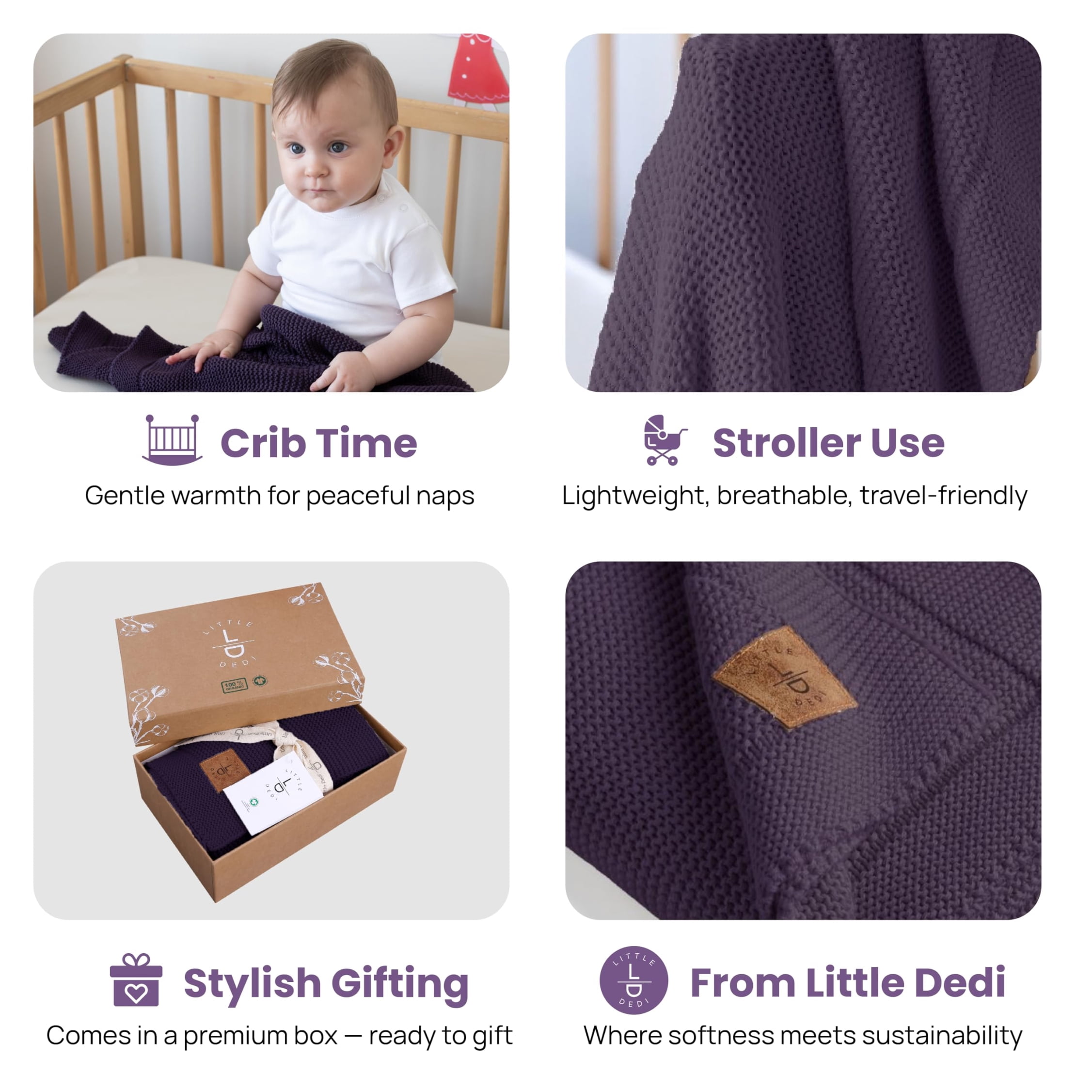 Little Dedi 100% Organic Cotton Baby Knitted Blanket with Gift Box - Soft Toddler, Crib, Stroller Blanket - Neutral Swaddle and Receiving Blanket for Newborns, 30"x40", Sweet Grape