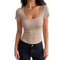 thumbnail image 2 of IYYVV Women's Short Sleeve Tops Summer Lace Trim Square Neck Slim Fitted Going Out Basic Tee Shirts Y2K Clothes 2026 Khaki M, 2 of 5