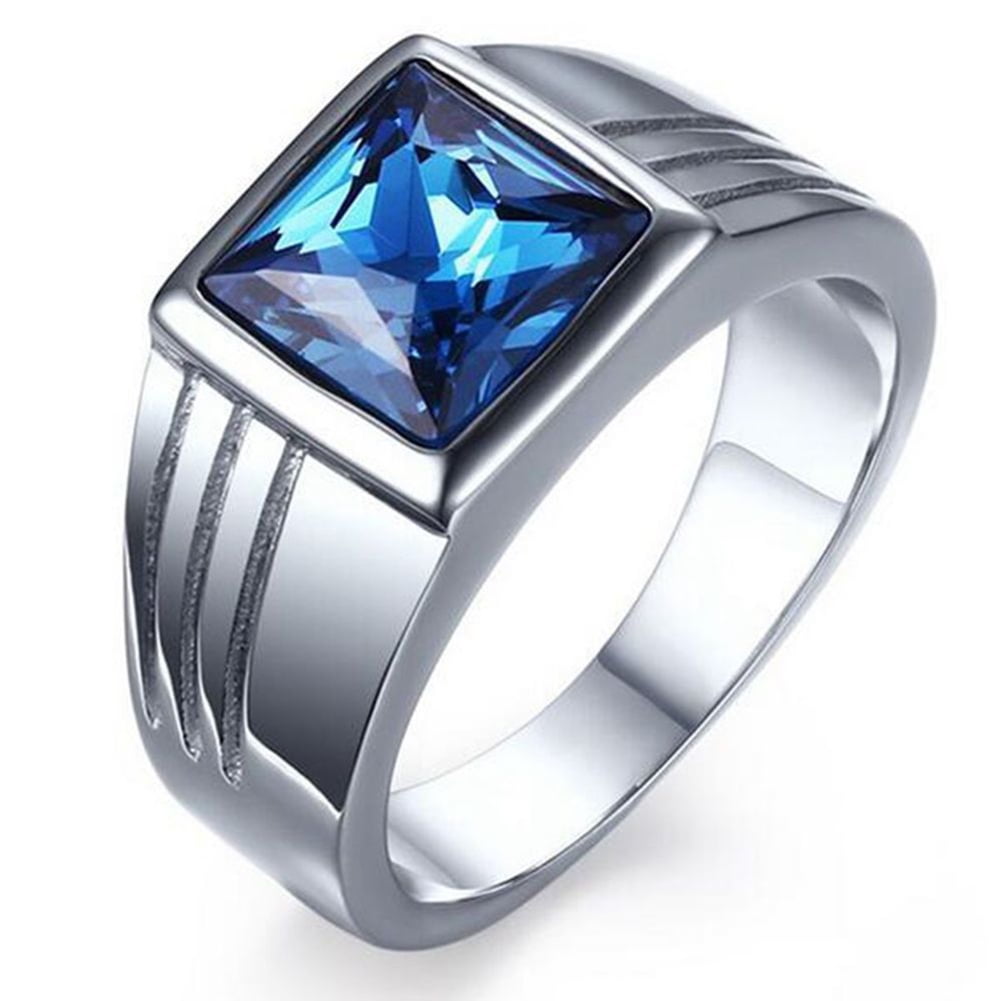 Opolski Men's Gorgeous Blue Square Rhinestone Wide Wedding Band