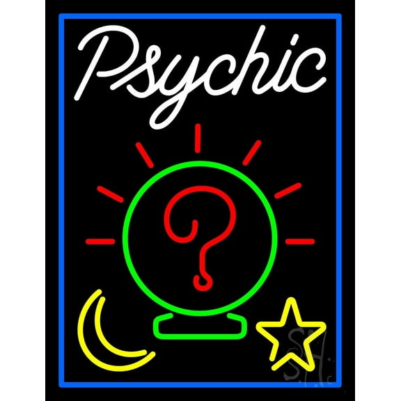 White Psychic With Blue Border LED Neon Sign 19" Tall x 15" Wide - inches Black Square Cut Acrylic Backing, with Dimmer - Bright and Premium built indoor LED Neon Sign for Storefront.