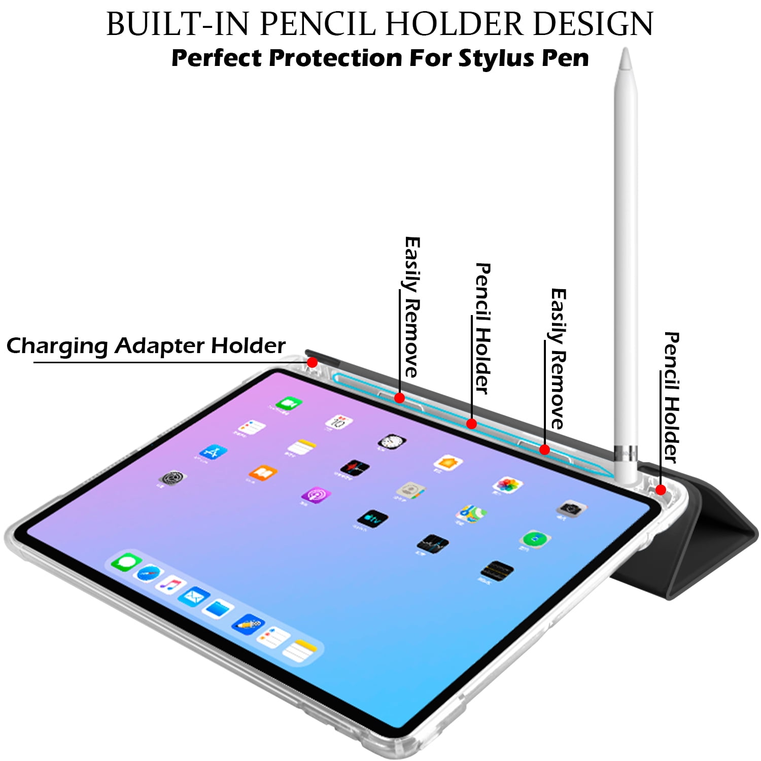 iPad 9th 2021 8th 2020 7th 2019 Generation [iPad 9 iPad 8 iPad 7 ] 10.2 Inch A2602 A2270 A2197 MK663LL/A MK673LL/A MYN62LL/A MW6Y2LL/A Clear Back TPU Silicone Back Printed Case Pencil Holder - Black