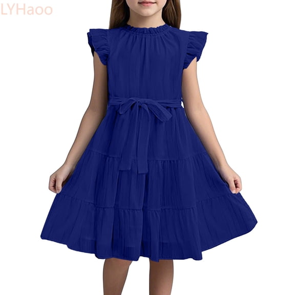 LYHaoo Girls Dresses Ruffle Sleeves Summer Dress Ruffle Neck Chiffon Dress Plain Dress Elegant A Line Party Dress Kids Festive Dress With Belt,Dresses for Girls Sizes 6-7 Years Blue