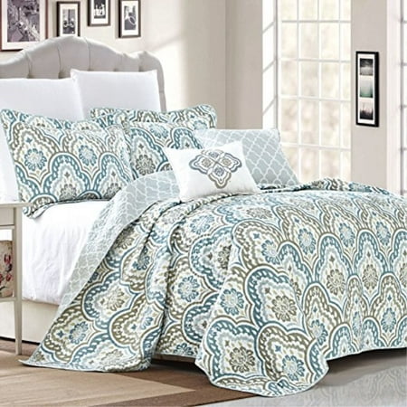 Home Soft Things Serenta Tivoli Ikat Design 5 Piece Teal Aqua Printed Prewashed Quilted Coverlet Bedspread Bed cover Summer (Best Bedspreads For Summer)