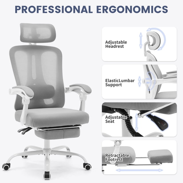 EDTara Mesh Desk Chair, Ergonomic High Back Office Chair Featuring Retractable Footrest