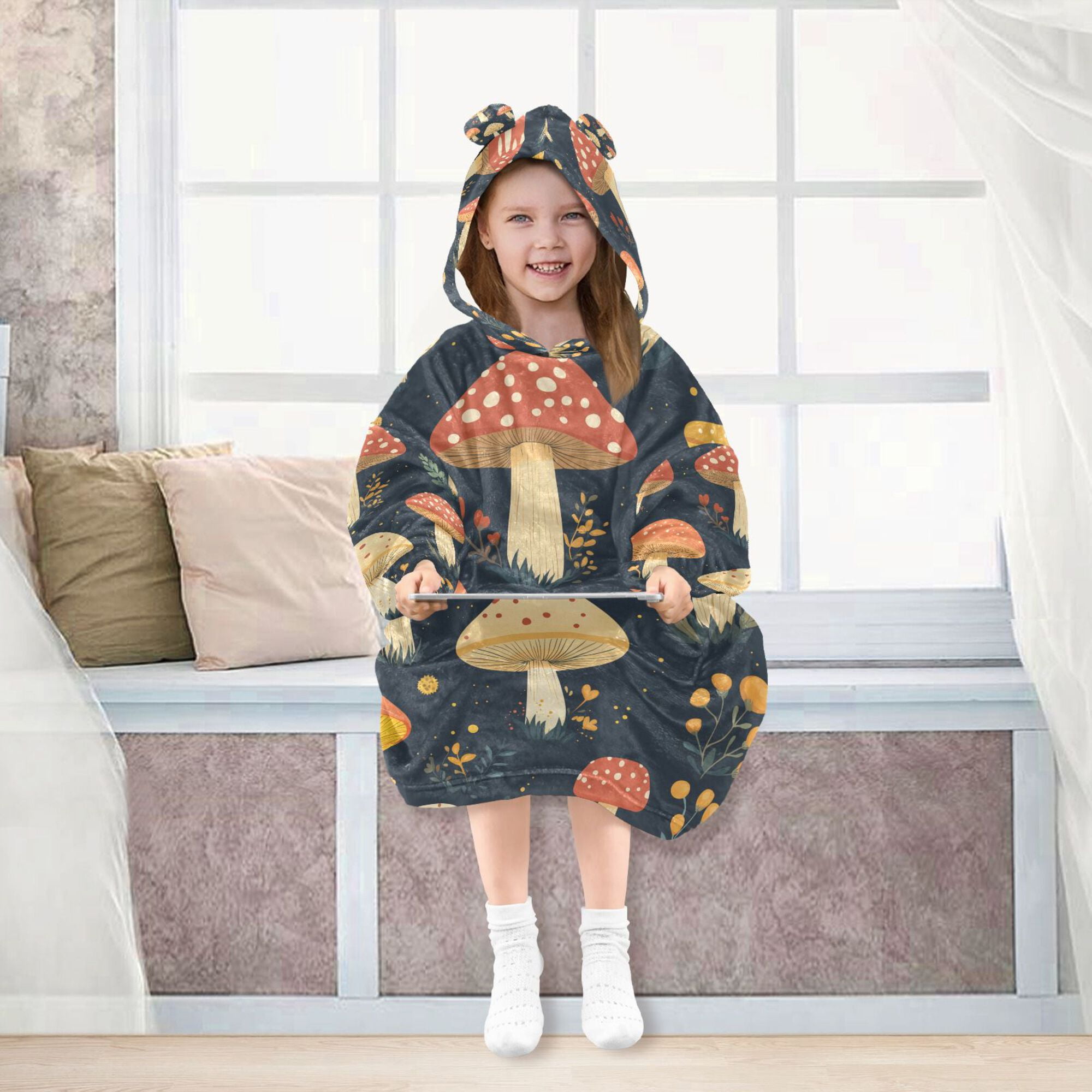 FORMRS Wearable Blanket Hoodie with Sleeves for Kids Cozy Flannel Sweatshirt, Black Mushroom Pattern