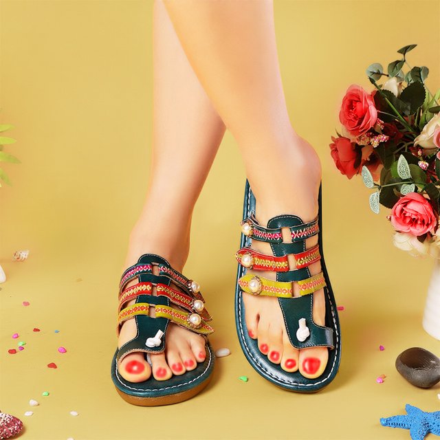 SOCOFY Women Adjustable Summer Leather Sandals Slippers Hook Loop Shoes Forest