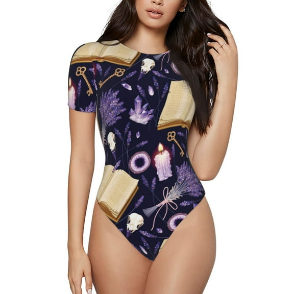 Vsdgher Lavender Flowers Prinr Short Sleeve Body suit for Womens, Sexy Onesie One Piece Round Neck Bodysuit Shapewear Tummy Control-Small