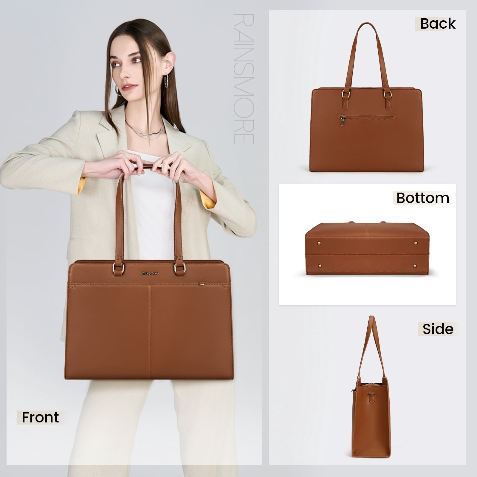 RAINSMORE Laptop Bag for Women 15.7 inch Laptop Tote Briefcase Waterproof Leather Computer Bag Work Tote Bags,Brown