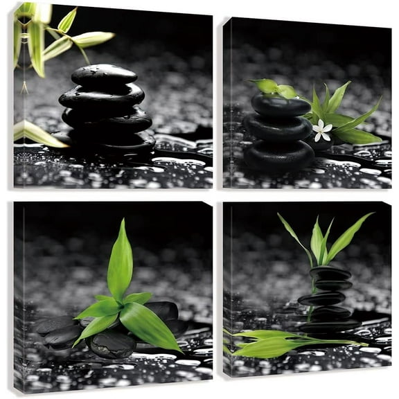 Black and White Zen Stone Wall Art Green Canvas Pictures Artwork Still Life Bathroom Décor Relax Calm Art Prints Painting for Bedroom Wall Décor 12"x12"