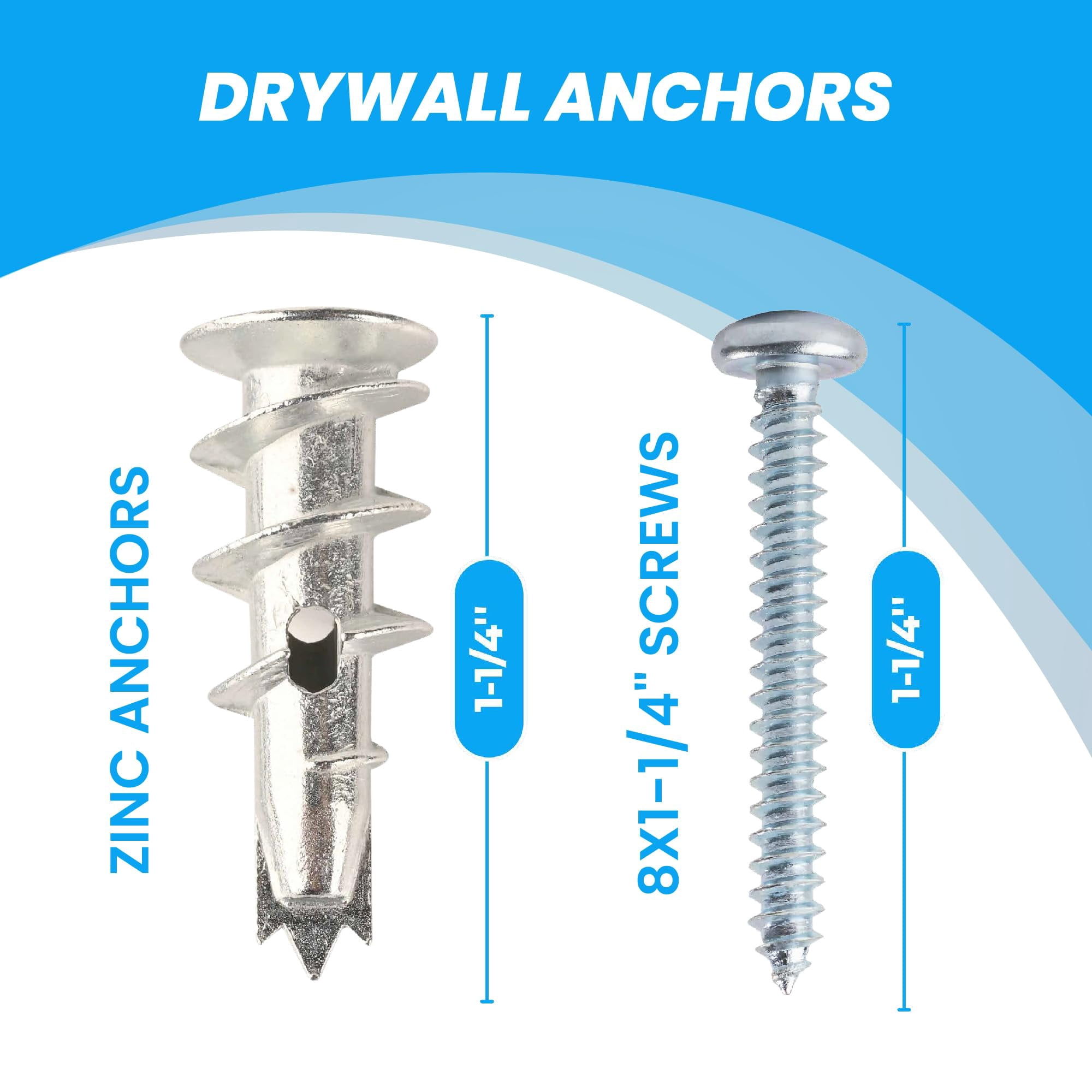 130pcs Self Drilling Drywall Anchors and Screws Kit | #8 x 1-1/4” Drywall Screws and Anchors for Sheetrock | No Pre-Drill Required | Dry Wall Anchors for Drywall Heavy Duty | Holds Up to 75lbs