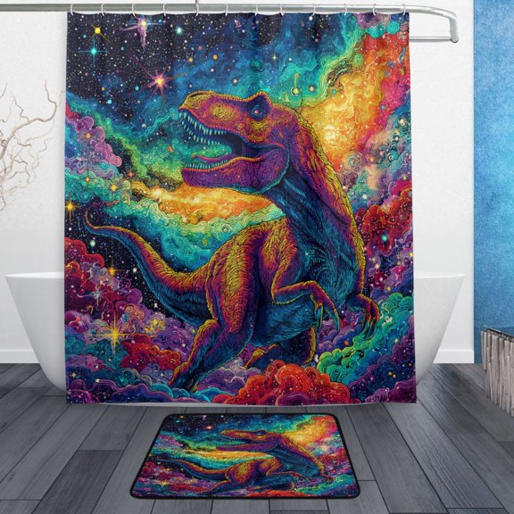 TTYFWHD 60" x 72" Shower Curtain and Bath Mat Set Line Art Dinosaur Space Art Waterproof Bathroom Curtain with 12 Hooks, Bathroom Decor Set