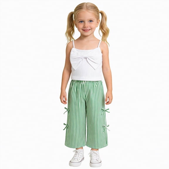 kpoplk Girls Outfit Sets Baby Clothes Toddler Summer Outfits Sleeveless Ruffle Halt Er Tops Wide Leg Pants Kids Clothing Set Girls Holiday Dresses Sets Size 6-7 Years,Green