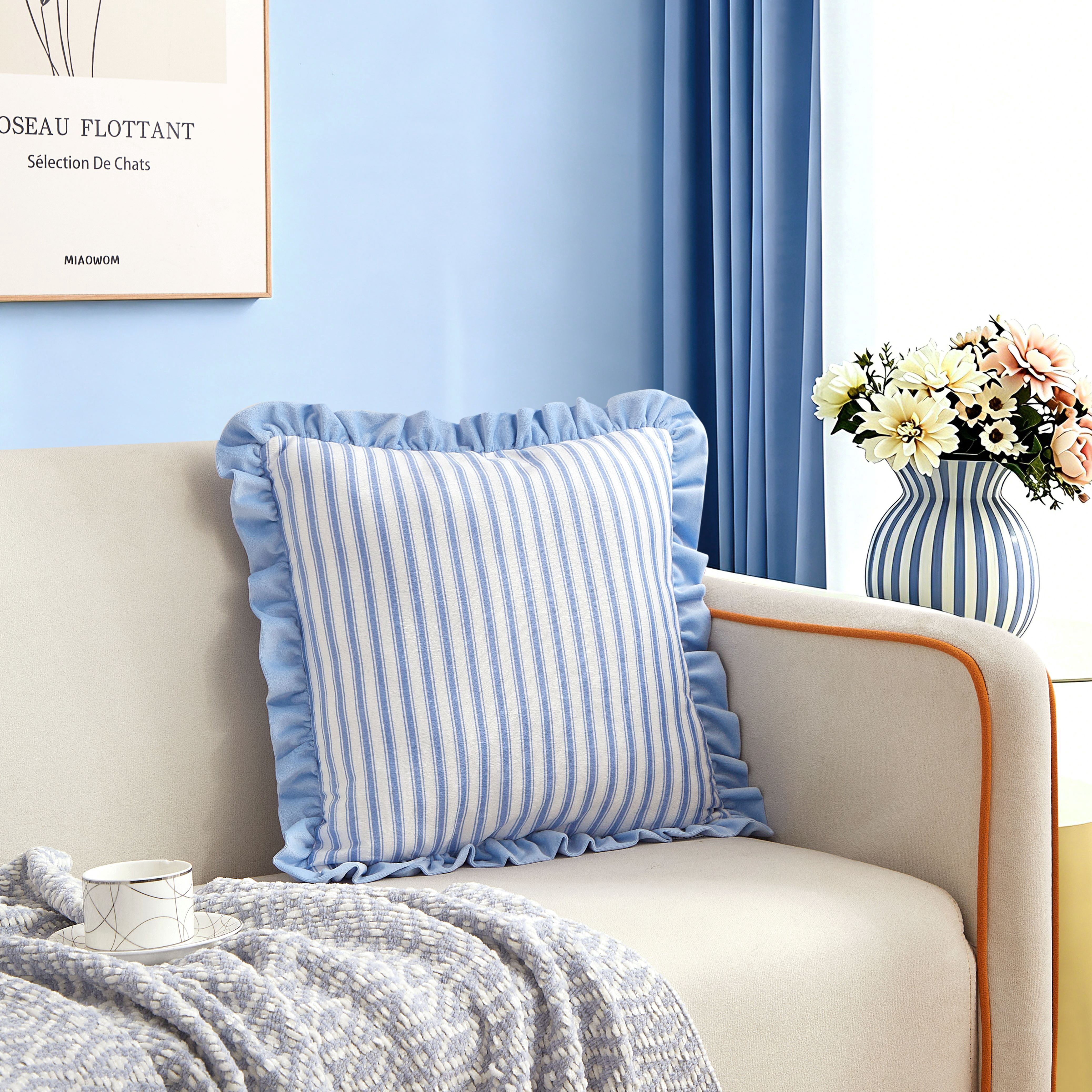 Urban Shop Petals & Pearls 16"x16" Square Stripped Ruffle Decorative Throw Pillow, Blue