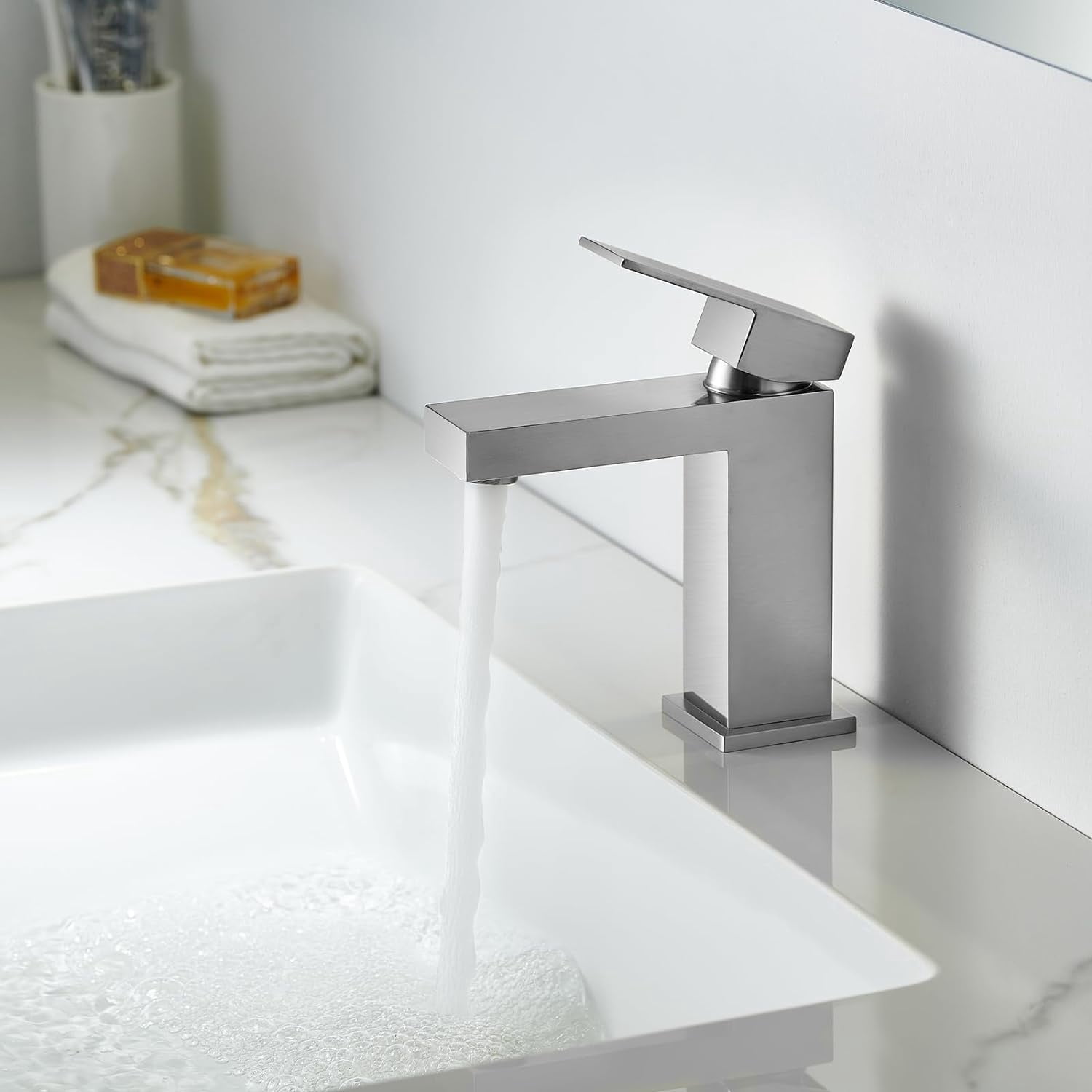 Brushed Nickel Bathroom Faucet - HausinLuck Solid Square Single Handle Bathroom Sink Faucet with Pop Up Drain