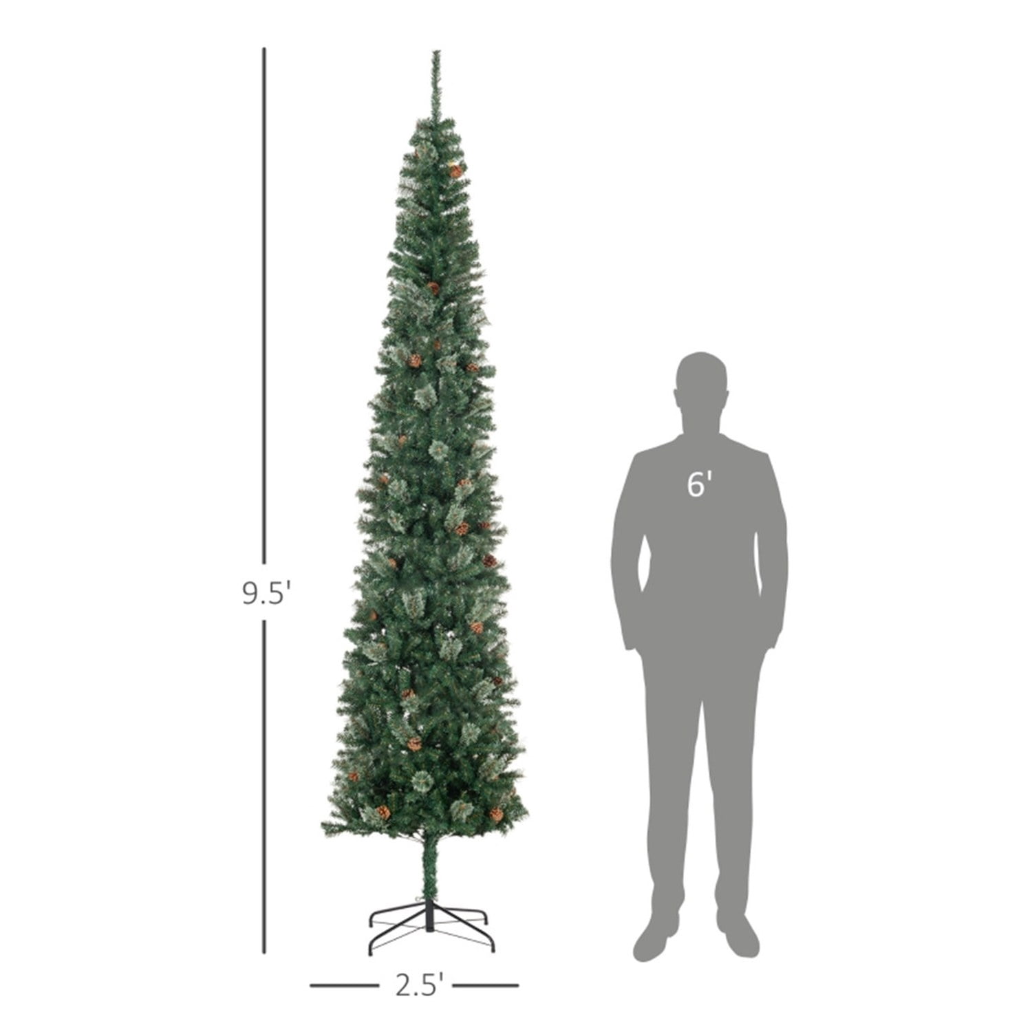Astoutdoor 9.5 ft Pencil Christmas Tree with Pine Cones, Green, 1132 Tips, Indoor Use