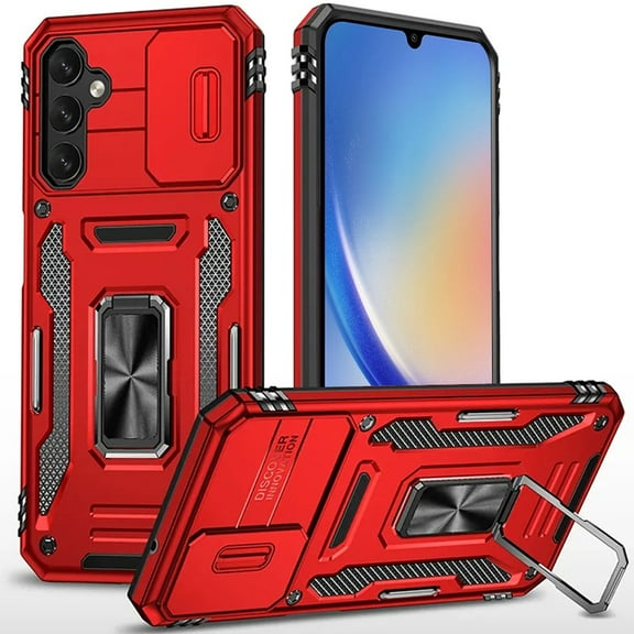 Military Grade Ring Holder Case with Camera Lens Cover for Samsung Galaxy A15 5G - Red