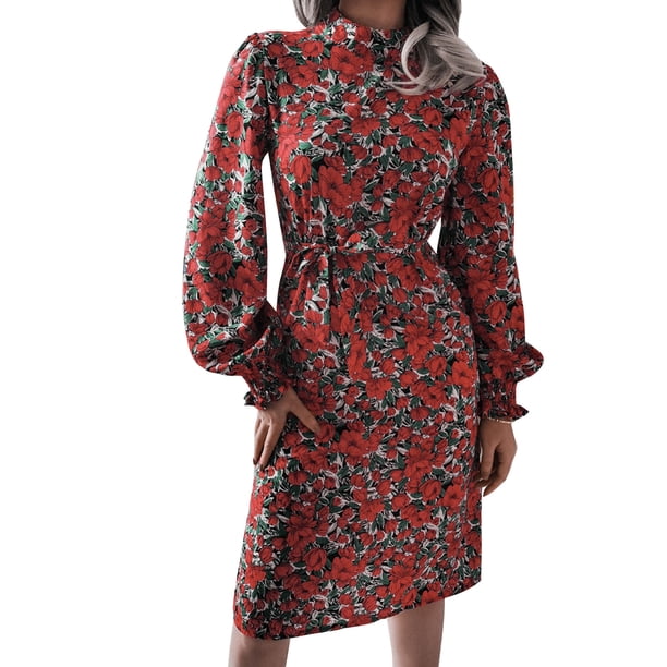 Vestido de mujer de moda con estampado floral, cuello alto, mangas de linterna, cinturón, vestido in Abanopi Rojo/Medio