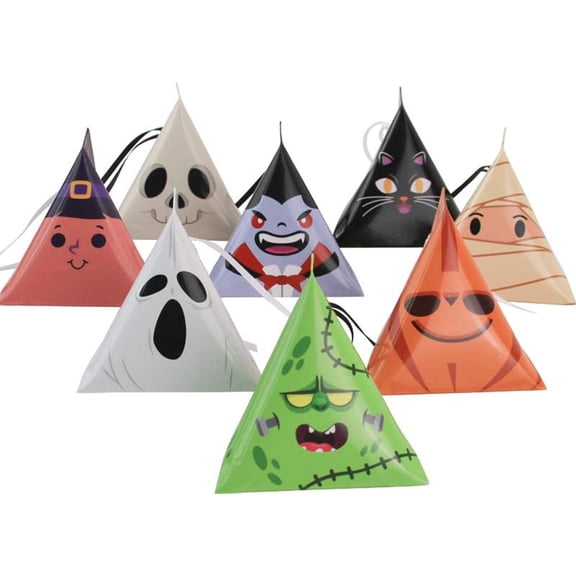 MInHoues 8 Pack Triangle Halloween Character Paper Candy Boxes, Assorted Cartoon Spooky Face Favor Boxes, Foldable Paper Gift Packaging Boxes for Holiday Party Snack Storage