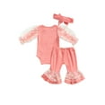 thumbnail image 2 of Listenwind 3pcs Newborn Baby Girls Boys Clothes Sets 0-24M Sunflowers Printed Lace Puff Sleeve Romper Tops Flare Pants Headband, 2 of 6