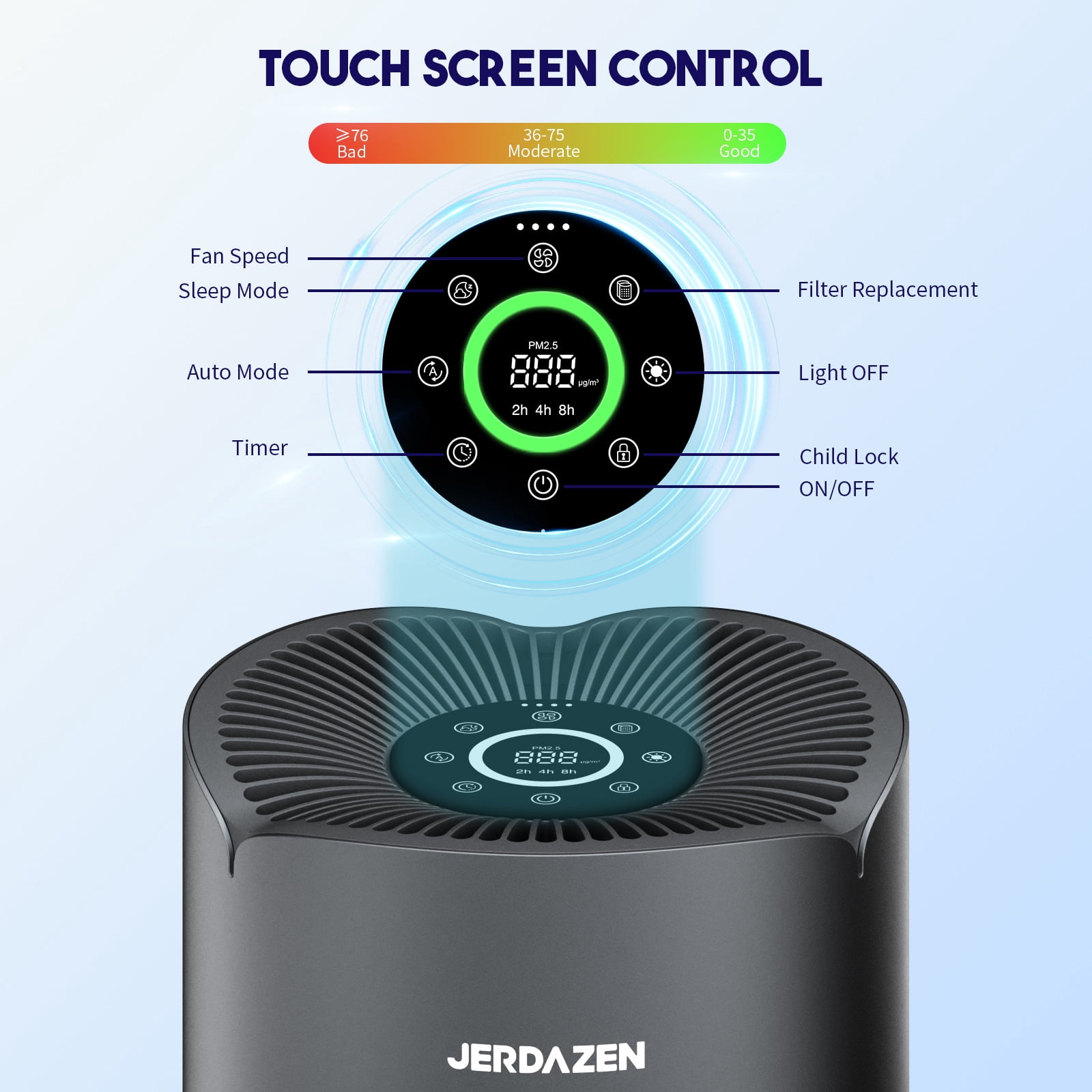 Jerdazen Air Purifiers for Bedroom, Covers Up to 985 ft², True HEPA 13 Filter Remove 99.97% Dust Smoke Odor Pollen Pets Hair Dander Allergies(Gray)
