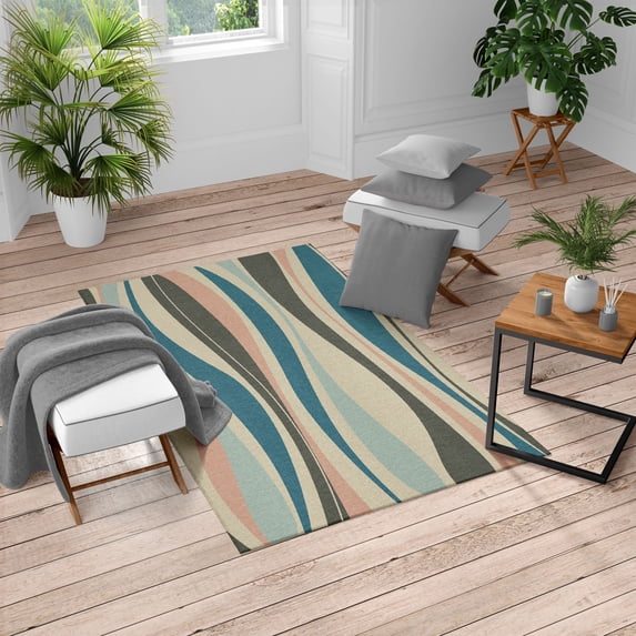 Vintage Turkish Area Rug, Retro Vibrant Stripes Funky Lines Design Patterns Abstract Print, Soft Carpet for Living Room Decor with Distressed Look, 2.6' x 5', Cadet Blue, by Ambesonne