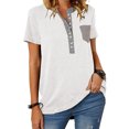 thumbnail image 2 of Camiseta con cuello redondo para mujer, camiseta de manga corta con cuello redondo y bloqueo de color con bolsillo, color blanco XL, 2 of 6