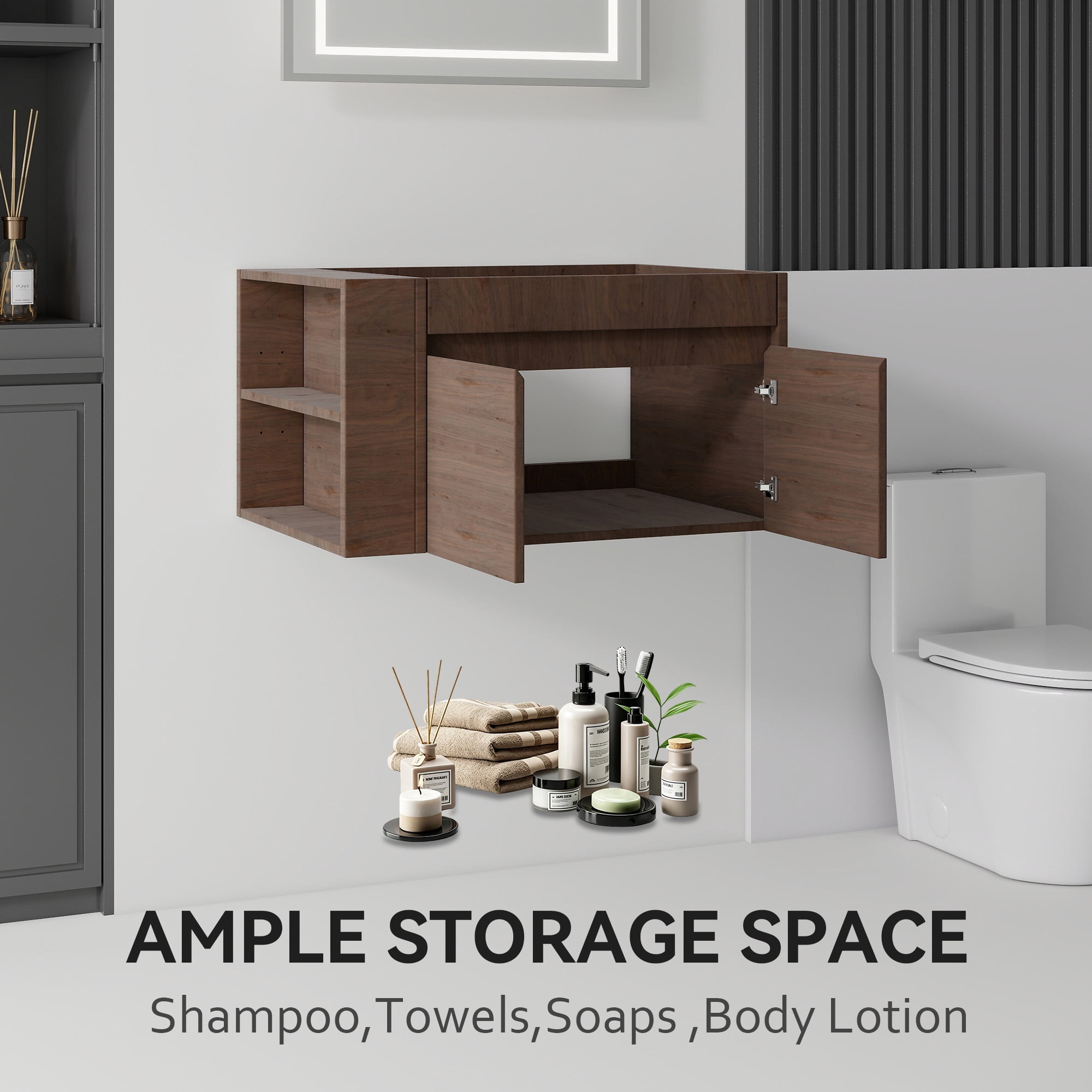 Leumius 30" Floating Bathroom Vanity Cabinet with Open Side Storage Compartment,Soft-Close Double Doors,Wall Mounted Bathroom Cabinet for Small Space,Cabinet Only,Brown