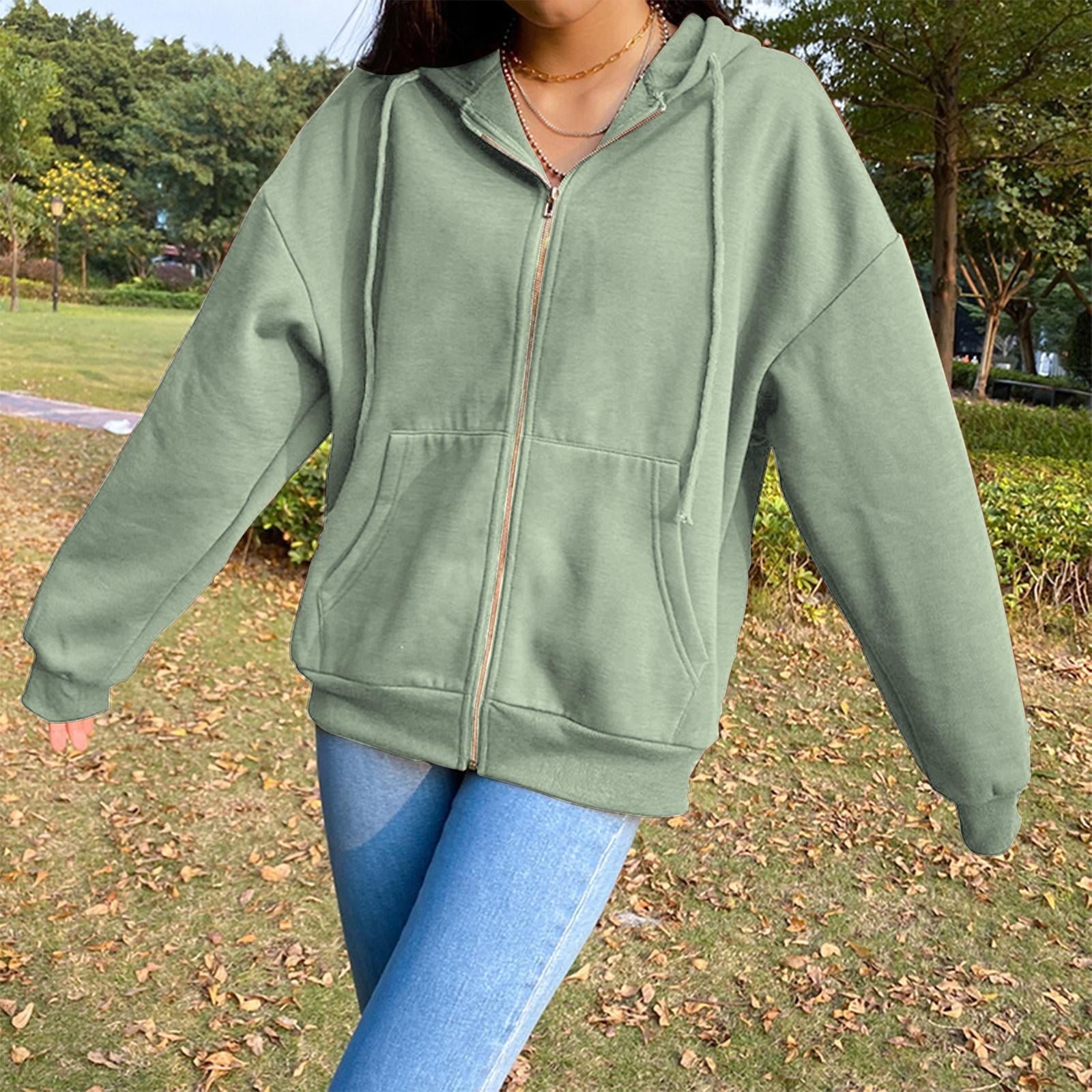 Luzkey Fashion Women s Full Hoodie Retro Hooded Jacket With Zipper Womens Hoodie Jacket With Sweatshirt Solid Color Sweatshirt Coat For Women Green